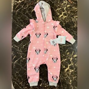 Disney baby girl one piece outfit with hoodie with Minnie ears and bow o…